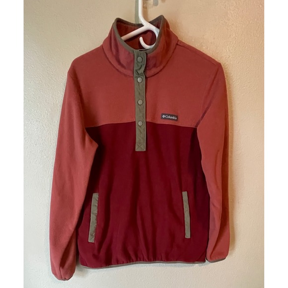 Columbia Womens Fleece Pullover Top L Coral Red Button Up Long Sleeve Pockets - Picture 1 of 10